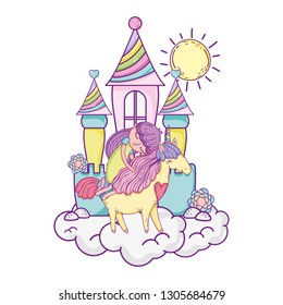 unicorn and princess with castle in the clouds