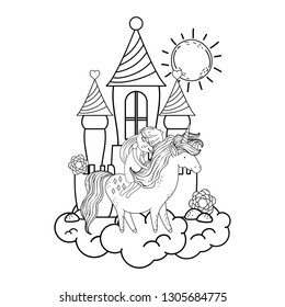 unicorn and princess with castle in the clouds