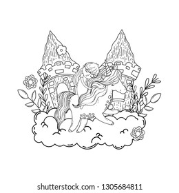 unicorn and princess with castle in the clouds