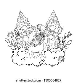 unicorn and princess with castle in the clouds