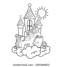 unicorn and princess with castle in the clouds