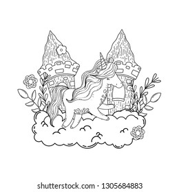 unicorn and princess with castle in the clouds
