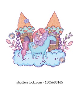 unicorn and princess with castle in the clouds