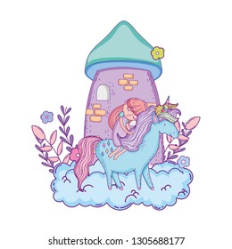 unicorn and princess with castle in the clouds