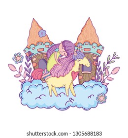 unicorn and princess with castle in the clouds