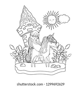 unicorn and princess with castle in the landscape