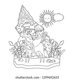 unicorn and princess with castle in the landscape