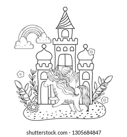 unicorn and princess with castle in the landscape