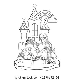 unicorn and princess in the castle with rainbow