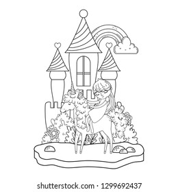 unicorn and princess in the castle with rainbow