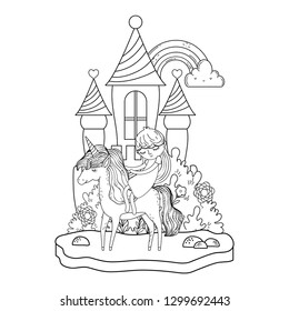 unicorn and princess in the castle with rainbow