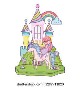 unicorn and princess in the castle with rainbow