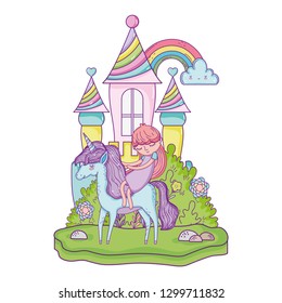 unicorn and princess in the castle with rainbow