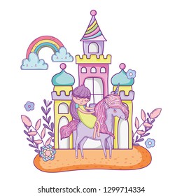 unicorn and princess in the castle with rainbow