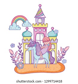 unicorn and princess in the castle with rainbow