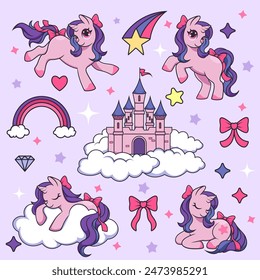 Unicorn, princess castle, sticker collection. Cute cartoon isolated elements, pattern fairytale horse. Rainbow background, decorative animals, icon logo kids. Happy girl magic set. Vector birthday art