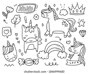 Unicorn princess doodle cartoon drawing vector set