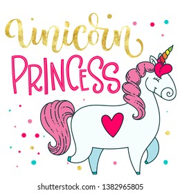 Unicorn Princess hand drawn moderm isolated colorful blue, pink calligraphy text with splashes, crown, stars decor and cute doodle cartoon Unicorn illustration. Gold foil texture. 