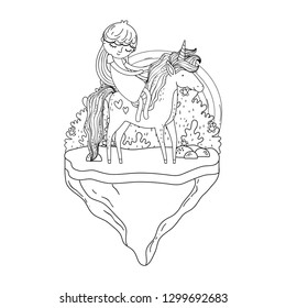 unicorn and princess in the landscape with rainbow