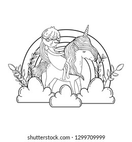 unicorn and princess in the landscape with rainbow