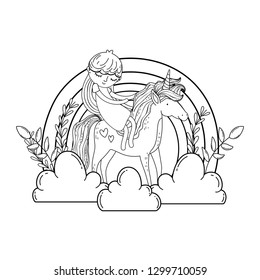 unicorn and princess in the landscape with rainbow