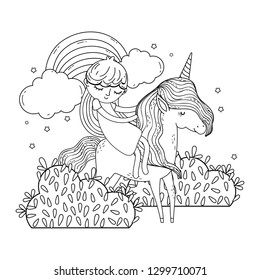 unicorn and princess in the landscape with rainbow
