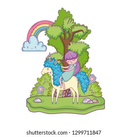 unicorn and princess in the landscape with rainbow