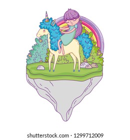 unicorn and princess in the landscape with rainbow