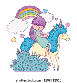unicorn and princess in the landscape with rainbow