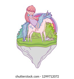 unicorn and princess in the landscape with rainbow