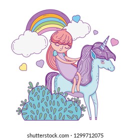 unicorn and princess in the landscape with rainbow