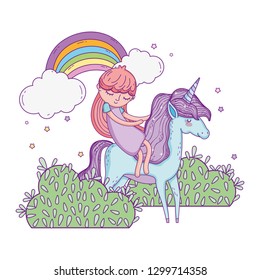 unicorn and princess in the landscape with rainbow