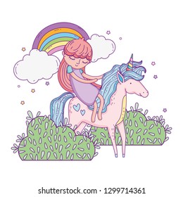 unicorn and princess in the landscape with rainbow