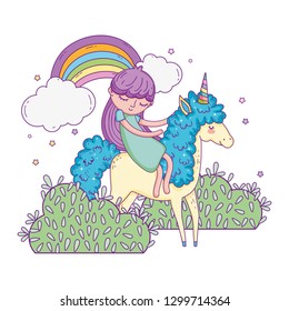 unicorn and princess in the landscape with rainbow