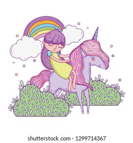 unicorn and princess in the landscape with rainbow