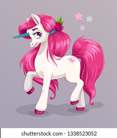 Unicorn princess, vector illustration. Beautiful white pony with long pink hair. Little cute horse icon.