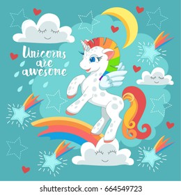 Unicorn print design. Children's background. Cute pony illustration. Animals cartoon. Unicorn vector