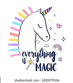 Unicorn print design with slogan. Vector illustration design for fashion fabrics, textile graphics, prints.