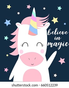 Unicorn print design with slogan. Vector illustration design for fashion fabrics, textile graphics, prints.