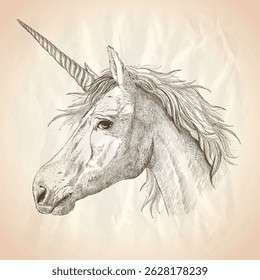 Unicorn profile portrait graphic vector illustration, classic hand drawn sketch on a paper
