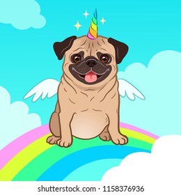 Unicorn pug dog with horn and wings vector cartoon illustration. Cute pug puppy in the sky with rainbow and clouds, smiling with tongue out. Humorous, magic, mythical creatures, believe in yourself.