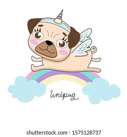 Unicorn pug laying on the rainbow. Unipug drawing vector illustration.