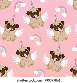 Unicorn Pug Seamless Pattern Pink