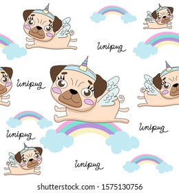 Unicorn pug seamless pattern vector illustration design.