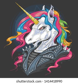 UNICORN PUNK JACKET RIDER WITH FULL COLOUR RAINBOW HAIR AND GOLD HORN DETAIL ELEMENT LAYERING VECTOR