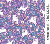 Unicorn with purple mane and tail. Vector hand drawn seamless pattern with cute unicorns on purple floral background