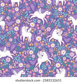 Unicorn with purple mane and tail. Vector hand drawn seamless pattern with cute unicorns on purple floral background