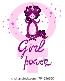 Unicorn purple pink color meditating in lotus position on the sign of female gender with stars and inscription power girl