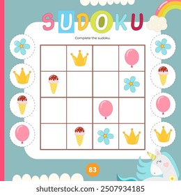 Unicorn Puzzle game for children. Fairy tale elements in Sudoku. Vector illustration. Pretty pony Sudoku for kids activity book. Book square format.