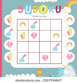 Unicorn Puzzle game for children. Fairy tale elements in Sudoku game. Vector illustration. Pretty pony Sudoku for kids activity book. Book square format.